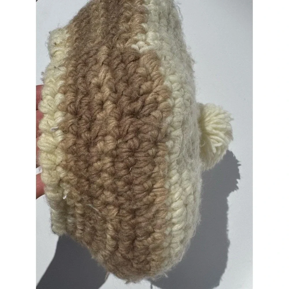 Beret Vintage 1970s Handmade Chunky Knit Pom Pom Cream Taupe Wool Soul